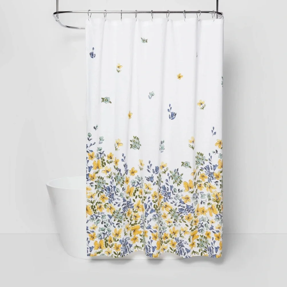 Threshold Botanical Shower Curtain with Blue Yellow Green Floral Accents EUC